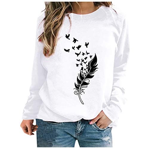 Image of Sweatshirts for Women Autumn Winter Casual Pullover Blouses Tops Womens Sweatshirts Crewneck Print Long Sleeve Jumpers Sweatshirts Loose Sportswear Tops Size 10-20 White