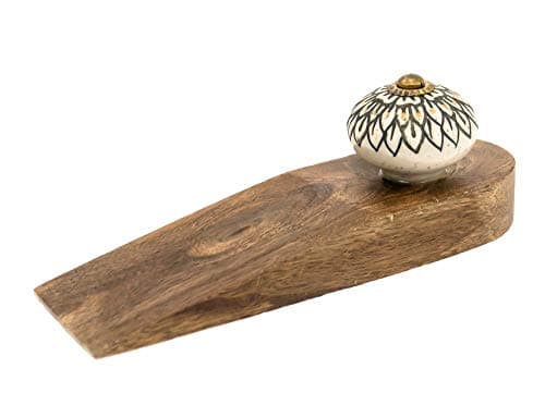 Image of Retro Vintage Traditional Wooden Door Stop Stopper Wedge with Ceramic Knob (Design 1)