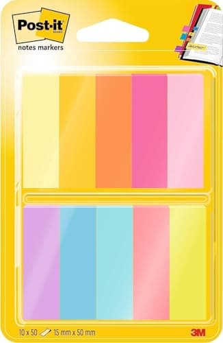 Image of Post-it Notes Marker, Pack of 10 Pads, 50 Markers per Pad,12.7 mm x 44.4 mm, Yellow, Orange, Pink, Purple, Blue, Green - to Mark, Highlight or Color Code Important Information