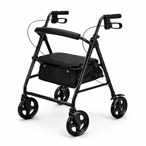 Image of TREATY Foldable Mobility Walker with Seat-Lightweight Aluminum Rollator-4 Wheel Walking Aid with Storage Bag-Adjustable Height Handles-Easy Fold Travel Walker (Black)