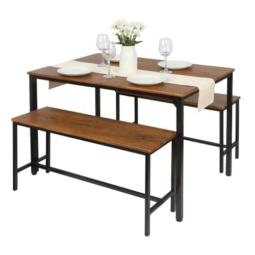 Image of Harbour Housewares 4 Seater Compact Dining Set - Brown & Black Table with 2 Benches - Small Space Saving Kitchen Dining Furniture with Wood Finish & Metal Frame for Modern Homes