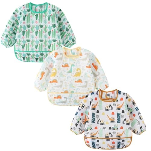 Image of ElecMotive Long Sleeve Bibs 3 Pack Waterproof Sleeved Bib Baby Toddler Soft Bib for 6-30 Months