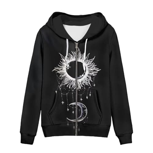 Image of WELLFLYHOM Women Y2K Hoodie Zip Up Sweatshirt Vintage Jackets Hooded Cardigan, Moon Star and Sun, Large