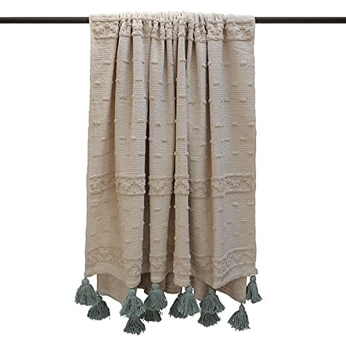 Image of furn. Boho Cotton Tufted Throw – Geometric Pom-Pom Tassel Accent (Seafoam – 130x180cm)