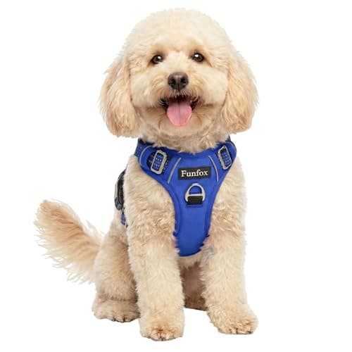 Image of Funfox Dog Harness Small, No Pull Puppy Harness with Vertical Handle, 2 Leash Clips, Reflective Strips Night Walking, Anti Pull Adjustable Padded Pet Vest Size for Small Breed, Blue S