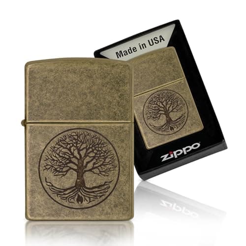 Image of Zippo Windproof Lighter - Tree of Life - Black, Gold - Antique Brass - Lustre - Refillable - Reusable - Gift Box - Metal - Made in USA