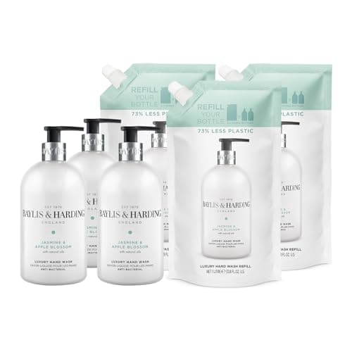 Image of Baylis & Harding Jasmine and Apple Blossom Anti-Bacterial Hand Wash Bundle: 3 x 500 ml & 3 x 1 litre Refill Pouch - Vegan Friendly