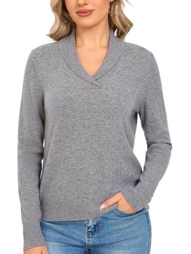Image of VETLURY 100% Merino Wool Women's V Neck Jumpers UK - Warm Sweater Cosy Base Layer Shawl Collar Pullover Ladies Knitted Tops for Fall Winter Spring 2026