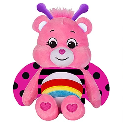 Image of Care Bears - Basic Fun Lady Bug Cheer Bear 22cm Bean Plush – Pink Collectible Teddy with Rainbow Tummy – Soft Cuddly Toy for Kids Aged 4+ – Small Plush Bear Gift, 9"