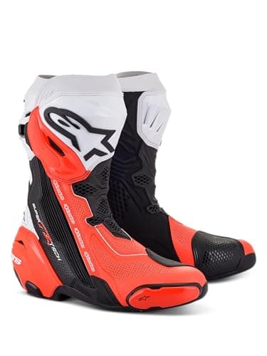 Image of Alpinestars Supertech R Vented Racing Motorcycle Boots, CE-Certified, Lightweight, Advanced Ventilation & Grip, 48, Black/Red Fluo/White/Gray