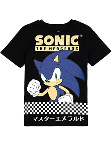 Image of Sonic The Hedgehog Kids T-Shirt in Black | Racing Checkered Flag Retro Gaming Graphic Tee | Gold Foil Logo Top for Boys & Teen Gamers | Classic Game Movie Merchandise Gift for Him