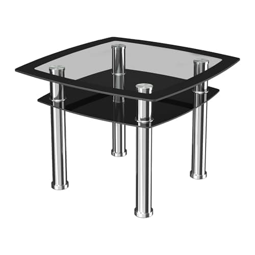 Image of AVF Modern Black Glass & Chrome Side Table – 2 Tier Lamp Table with Clear Window Top, Tempered Glass & Chrome Legs – 60x50x43cm