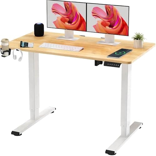 Image of SANODESK Electric Standing Desk ONE PIECE 110 * 54 Height Adjustable Desk With Memory Smart Panel Sit Stand Table With Hooks and Cupholder for Home Office (White Frame+Beige Desktop)