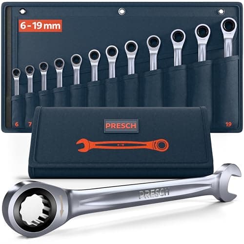 Image of PRESCH Ratchet Spanner Set 12 pcs. (6-19mm) incl. Bag – Minimal Return Angle (up to 4°, 90 Teeth) – Precision-machined, Durable Ring spanners - Robust Metric Wrench