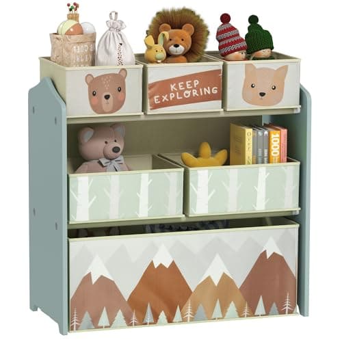 Image of ZONEKIZ Kids Storage Unit, Childrens Toy Storage Organiser, with 6 Fabric Bins, for Bedroom, Nursery, 63 x 30 x 66cm, Green
