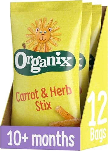 Image of Organix Carrot Stix Organic Toddler Snack, Finger Food, Corn Puffs, 10+ Months, Multipack, 4 x 15 g Bags Per Pack (3 Packs Total)
