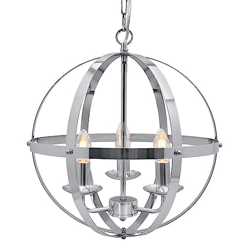 Image of Long Life Lamp Company Industrial 3 Light Globe Pendant Light Chrome Chained Lantern Ceiling Chandelier Hanging Light Fixture H3090