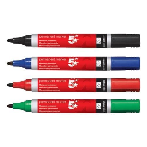 Image of 5 Star Office Permanent Marker Xylene/Toluene-Free Smear Proof Wallet Bullet Tip 2mm Line Asstd [Pack 4]+ Free finchley Refill Pen (2)