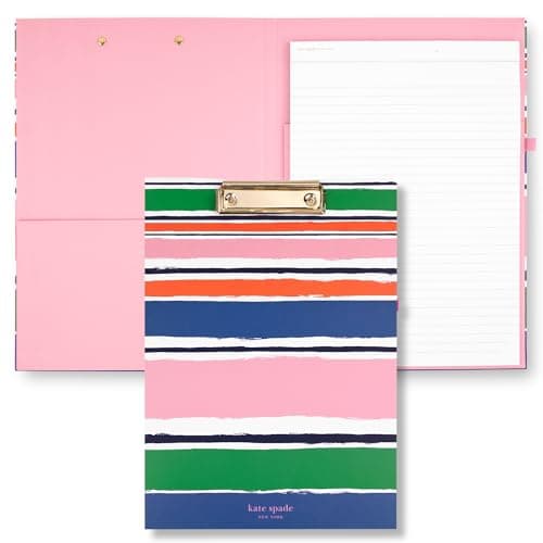 Image of kate spade new york A4 Clipboard Folio with Low Profile Clip, Professional Padfolio Includes Lined Notepad, Pen Loop, and Pocket, Ocean Stripe