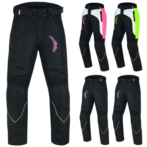 Image of PROFIRST Textile Motorbike Motorcycle Ladies Trousers Waterproof CE Approved Armored Trouser Pant with Detachable Lining (32” Length) (Black with Pink Flower, 5XL)