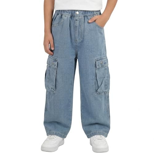 Image of Tokeya Boys Baggy Jeans Elasticated Waist Cargo Trousers with Pockets Kids Casual Straight Wide Leg Jeans Vintage Outdoor Streetwear Loose Fit Cargo Denim Pants for Children 7-8 Years, Light Blue