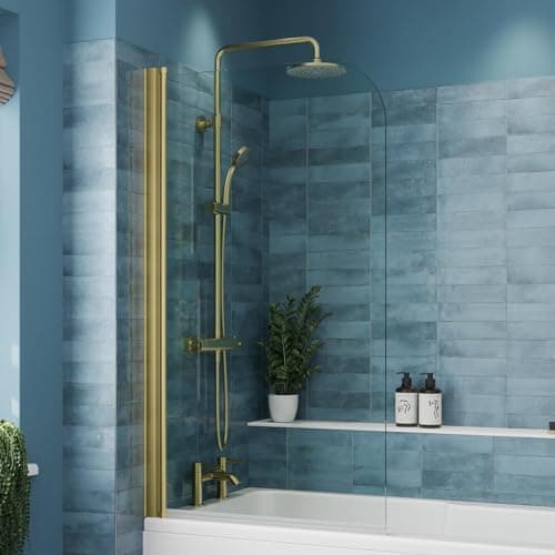 Image of Luxura® 1430 x 800mm Brushed Brass Gold Over Bath Shower Screen Folding Hinged Door Glass Panels & Screens for Baths, Bathroom Frameless Curved Design, 6mm Toughened Safety Glass, 180° Pivot