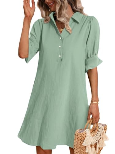 Image of Zeagoo Womens Shirt Dress Casual Ruffle Short Sleeve Summer Dresses Chiffon Button Down Work Dress with Pockets Green