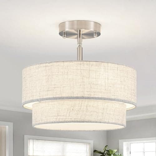 Image of ASHUAQI Chrome Ceiling Lights Living Room, 3-Light Modern Chandelier with Double Beige Fabric Drum Shade, Semi Flush Ceiling Light for Bedroom, Hallway, Dining Room, Lounge, Kitchen