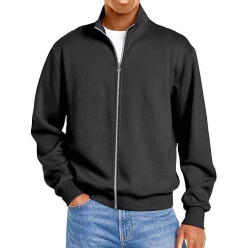 Image of Jackets For Men Men’s Full Zip Stand Collar Casual Jacket Modern Lightweight Long Sleeve Outerwear Comfortable Classic Mens Padded Cozy Cotto Zipped Solid Henley Top black Winter Coats