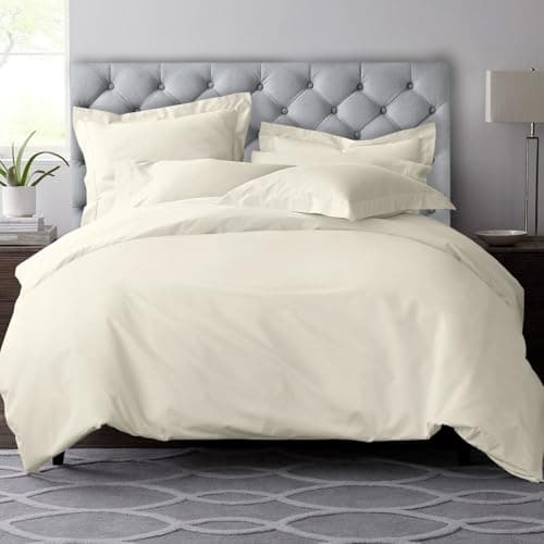 Image of Pizuna Pure Combed Cotton Super King Duvet Cover Set Ivory, 600 Thread Count 100% Long Staple Cotton Superking Duvet Cover 260x220cm, Sateen Quilt Cover with Button Closure (Bedding Duvet Sets)