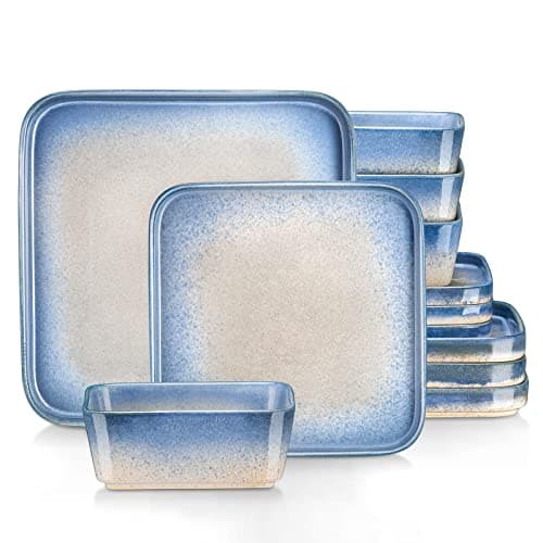 Image of vancasso Dinner Sets, Square Reactive Glaze Crockery Set, 12-Piece Ceramic Plates and Bowls Set with Dinner Plate, Dessert Plate and Bowl. Vintage Blue Look, Service for 4
