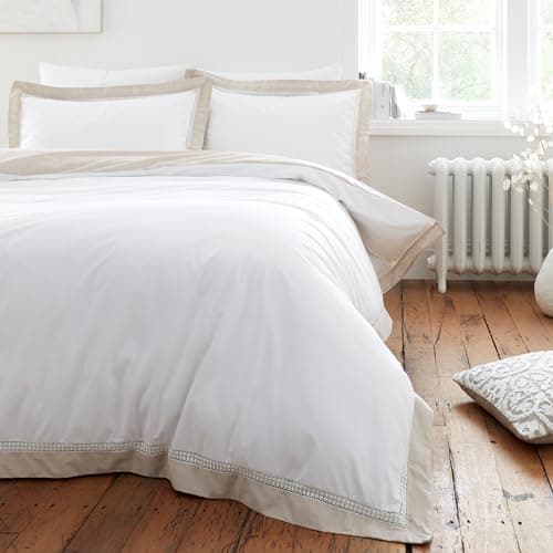 Image of Bianca Oxford Lace 200 Thread Count Cotton King Duvet Cover Set with Pillowcases White Natural