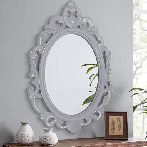 Image of Lzuso Oval Wooden Hanging Mirror Grey Carved Frame Wall Mirrors Rustic Vintage Decorative Aesthetic for Vanity Bedroom Living Room Entryway Farmhouse 24"x16"
