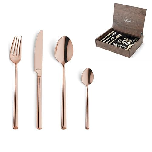 Image of Amefa Metropol Cutlery Set 24 Pieces PVD Copper | with Cutlery Box | Cutlery Set 6 People | Cutlery Stainless | 18/10 Stainless Steel Highly Polished | Subtle Bevelled Handle Ends