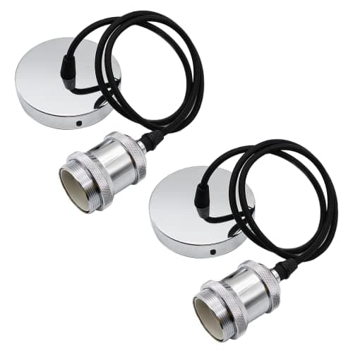 Image of ZHIQIN 2 Pack Silver Metal E27 Light Fitting Pendant Modern Retro Industrial Style E27 Lamp Holder Ceiling Rose Set with 100cm Cable