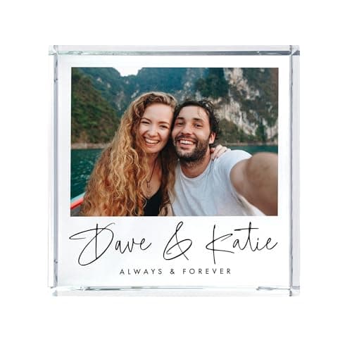 Image of Personalised Couples Photo Crystal Token - Custom Message & Image | Freestanding Solid Glass Block - Valentine's Day, Anniversary | Keepsake for Him/Her | 9x9x2cm