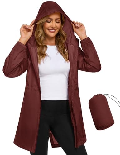 Image of CMTOP Waterproof Jacket Women Lightweight Packable Rain Jackets Casual Hooded Windbreaker Breathable Functional Raincoat Mid-length Outdoor Softshell Jacket for Walking Hiking(Wine Red, L)