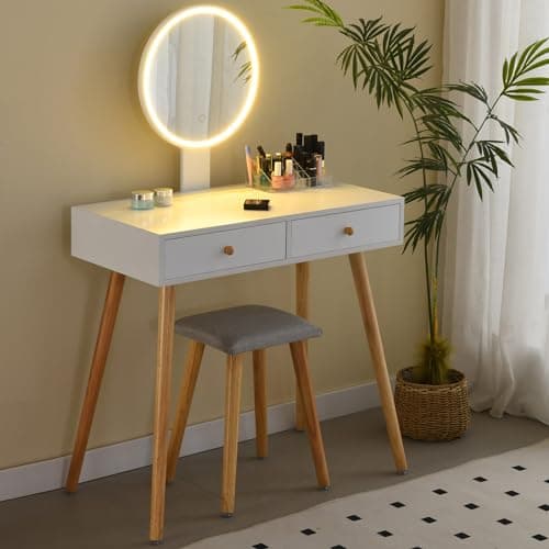 Image of Ezigoo Dressing Table with Mirror and Stool White 80cm Length with Lights for Daily Makeup