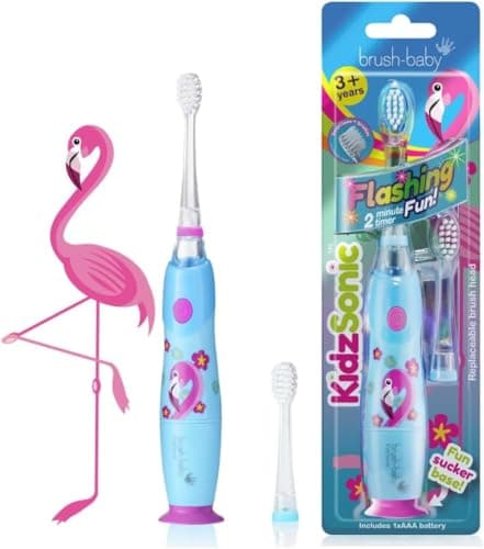 Image of Brush-Baby - Flamingo KidzSonic Kids Electric Toothbrush, 3+ Years - DeepClean Bristles, Suction Base - Fun Design with Flashing Disco Lights - 2 x Replacement Heads & 1 x AAA Battery