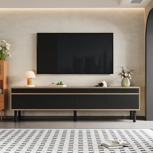 Image of Qingta TV Stand for 75 Inch TV, 170cm TV Cabinet with 4 Doors, Modern Black and Wood Media Console with Push to Open Design, Storage Entertainment Center for Living Room Bedroom