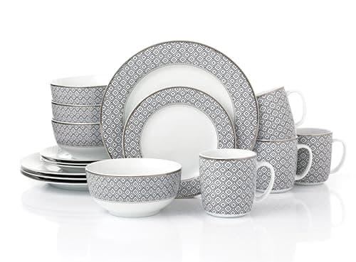 Image of Waterside 16pc Black Diamond with Silver Rim Porcelain Dinnerware Set, 4 Dinner Plates, Side Plates, Deep Bowls and Mugs