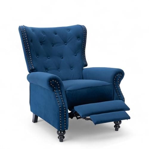 Image of Stunning Chairs Velvet Blue Chesterfield Armchair – Wingback Recliner Chair with Wooden Legs, Fireside Chairs for Living Room & Elderly, High Wing Back Arm Chair with Buttoned Back, Studs Detail