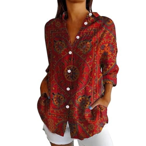 Image of Angxiwan White Linen Shirt Women Linen Shirt Women Oversized Long Sleeve Button Down T-Shirts Cardigans Fashion Artistic Print Tunic Tops Summer Casual Loose Holiday Essentials for