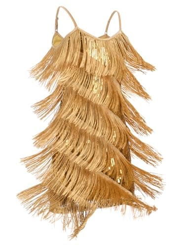 Image of FYMNSI Latin Dance Dress for Girls Salsa Tango Jazz Ballroom Dancing Outfit Kids V-Neck Sparkly Sequin Tassel Fringed 1920s Flapper Dresses Stage Performance Competition Dancewear Gold 5-6 Years