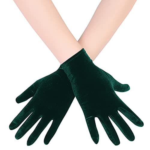 Image of EORUBE Short Opera Velvet Gloves for Women 1920s Flapper Stretchy Wrist Length Banquet Gloves Tea Party Halloween Costume (Dark Green)