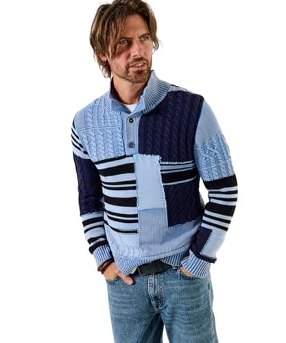Image of Joe Browns Men's Patchwork Cable Funnel Knit, Regular, Blue, UK XL