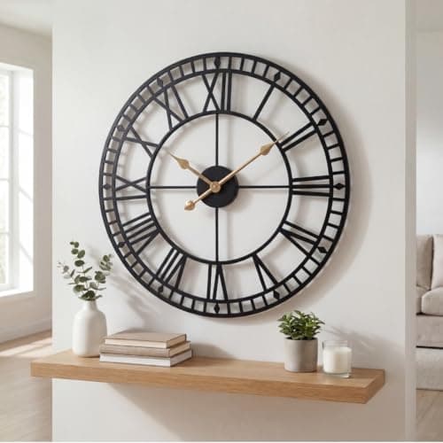 Image of Heaven4you Large Premium Roman Numeral Wall Clock Open Face Decorative Metal Clock for Living Room, Kitchen, Bedrom – Silent – Ready to Hang with Hook & Instructions for Hands 60cm/23.6inch (Black)