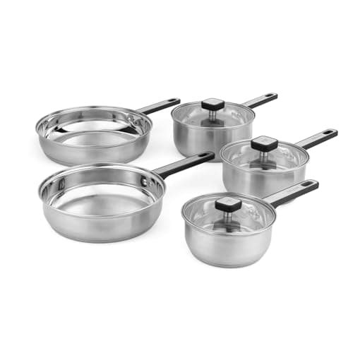Image of Salter Expert 5-Piece Stainless Steel Pan Set - Heat-Resistant Cool Touch Handles, PFAS-Free, Tempered Glass Lids with Steam Vent, Induction Safe, 24/28cm Frying Pans, 16/18/20cm Saucepans with Lids