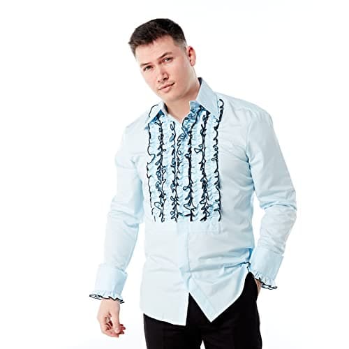 Image of Zen Retro Mens Ruffle Ruche Frill Tuxedo Shirt Sky Blue L