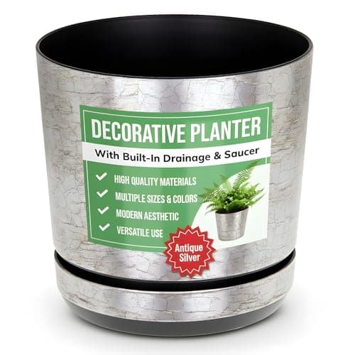 Image of KORAD Antique Silver Indoor Plant Pots, 6 Sizes, Mix and Match Your Decor – Plant Pot Planter with Drainage Holes and Matching Saucer for All Houseplants – Modern Home Decor Round Flower Pot (21 cm)